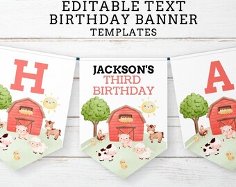 Editable Farm Animals Banner, Farm Birthday Banner, Farm Buntings, Barnyard Birthday Banner, Happy Birthday Banner - INSTANT DOWNLOAD