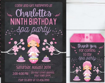 Spa Birthday Invitation - Hair Color Options - Spa Party Invitation - Pamper Party Invitation - Thank You Tag + Invite Backside Included