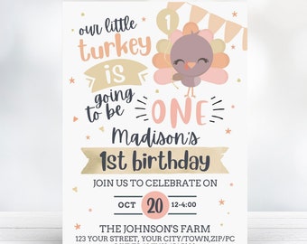 EDITABLE Little Turkey 1st Birthday Invitation - Cute Fall 1st Birthday - Pink Thanksgiving Birthday - Girl 1st Birthday - Instant Download