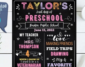 Pink Preschool Chalkboard - First Day of School Chalkboard - Last Day of School Chalkboard- Personalize & Print - Easy to Use Canva Template