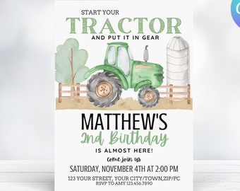 Editable Tractor Birthday Invitation, Green Tractor Invitation, Tractor Thank You & Evite Included - Farm Invitation - INSTANT DOWNLOAD