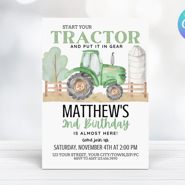 Editable Tractor Birthday Invitation, Green Tractor Invitation, Tractor Thank You & Evite Included - Farm Invitation - INSTANT DOWNLOAD