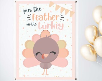 Pink Pin the Feather on the Turkey Printable Party Game - 4 Poster Sizes - Fall Kids Thanksgiving Game - Pin the Tail Thanksgiving Activity