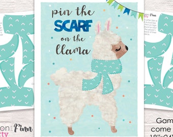 Blue Pin the Scarf on the Llama Printable Party Game - 3 Poster Sizes - Llama Birthday Party Game - Winter Party Game - Instant Download