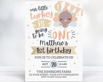 EDITABLE Our Little Turkey 1st Birthday Invitation - Fall 1st Birthday - Blue Thanksgiving Birthday - Boy 1st Birthday - Instant Download