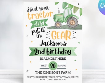 Editable Green Yellow Tractor Invitation, Tractor Birthday Invite, Tractor Thank You & Evite Included - Farm Invitation - INSTANT DOWNLOAD