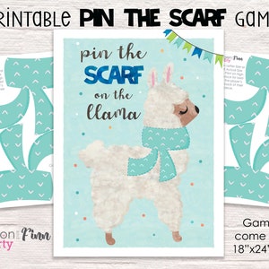 Blue Pin the Scarf on the Llama Printable Party Game 3 Poster Sizes Llama Birthday Party Game Winter Party Game Instant Download image 1