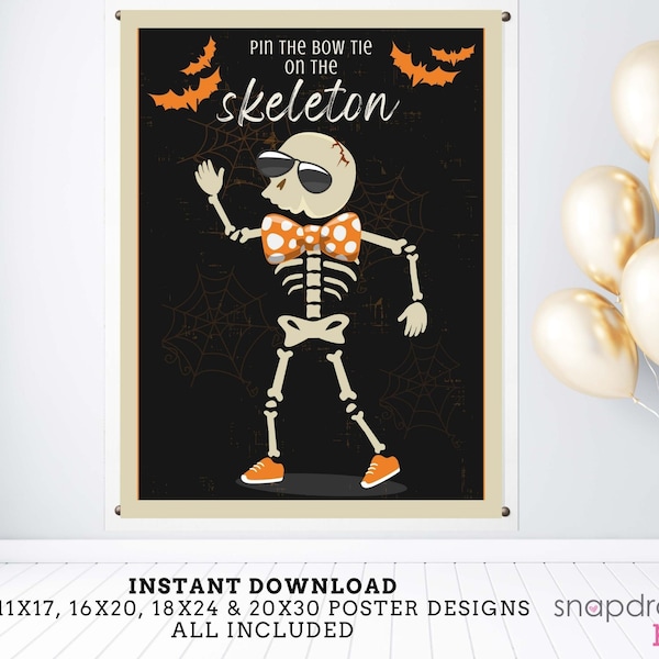 Pin the Bow Tie on the Skeleton Printable Party Game - 4 Poster Sizes - Halloween Pin the Tail - Halloween Party Game - Instant Download