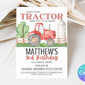 Editable Tractor Birthday Invitation, Red Tractor Invitation, Tractor Thank You & Evite Included - Farm Invitation - INSTANT DOWNLOAD