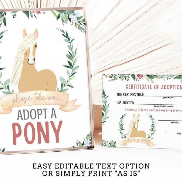Adopt a Pony Adoption Certificate and Sign, Adopt a Horse, Horse Birthday Party, Pony Party Favor, Horse Party Favor  - INSTANT DOWNLOAD