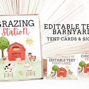 Etiquetas y letreros editables de alimentos para animales de granja - Tarjetas de tiendas de campaña para fiestas en la granja - Etiquetas de buffet para fiestas en la granja - Letreros de alimentos para granjas - Tarjetas de comida para fiestas en el corral