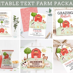 Printable Farm Party Package - Barnyard Party Invitation & Decorations - Editable Farm Invitation - Editable Signs, Tent Cards, Favor Tag