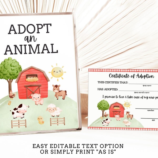 Adopt an Animal Adoption Certificate and Sign, Adopt a Farm Animal, Farm Birthday Party, Farm Animals Birthday, Barnyard  - INSTANT DOWNLOAD