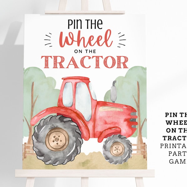 Pin the Wheel on the Tractor Printable Party Game - 4 Poster Sizes - Red Tractor Party Game - Farm Party Game - Instant Download