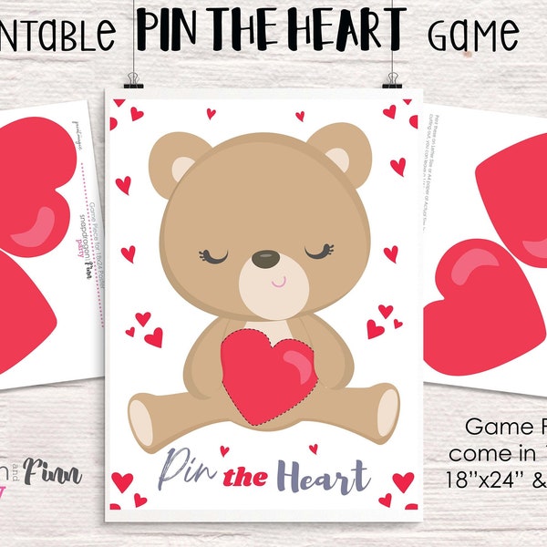 Instant Download - Pin the Heart Valentine Printable Party Game - Valentine's Day Party Game - Pin the Heart on the Bear - Valentine Game