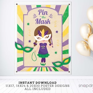 Pin the Mask Mardi Gras Printable Party Game 3 Sizes Included 4 Different Options Included Mardi Gras Game Mardi Gras Party image 1