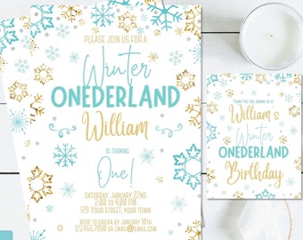 Blue Gold Winter Wonderland Birthday Invitation - Blue Snowflake Invitation - Boy Winter Birthday - Print, Email or Post to Social Media