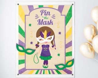 Pin the Mask Mardi Gras Printable Party Game - 3 Sizes Included - 4 Different Options Included - Mardi Gras Game - Mardi Gras Party