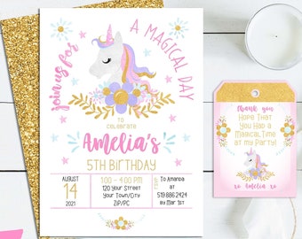 Instant Download Unicorn Birthday Invitation + Thank You Tag - Pink & Gold Unicorn Invitation - Unicorn Party Invitation - Print or Email