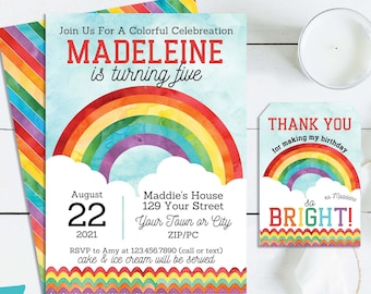 Instant Download - Rainbow Birthday Invitation + Thank You Tag - Watercolor Rainbow Invite - Bright Rainbow Invitation - Canva Template