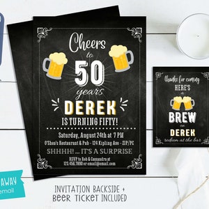 Beer 40th Birthday Invitation - 50th Birthday Invitation - 60th Birthday Invitation - Cheers to Any Birthday - Free Beer Ticket Option