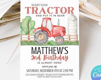 Editable Tractor Birthday Invitation, Red Tractor Invitation, Tractor Thank You & Evite Included - Farm Invitation - INSTANT DOWNLOAD