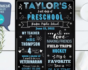 Blue Preschool Chalkboard - First Day of School Chalkboard - Last Day of School Chalkboard - Graduation Chalkboard - Easy to Use Template
