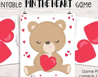 Instant Download - Pin the Heart Valentine Printable Party Game - Valentine's Day Party Game - Pin the Heart on the Bear - Valentine Game