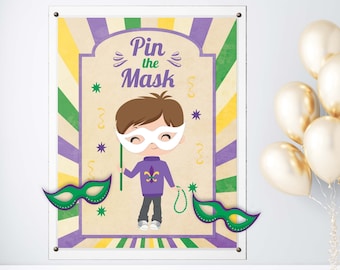 Pin the Mask Mardi Gras Boys Printable Party Game - 3 Sizes Included - 4 Boy Options Included - Mardi Gras Game - Mardi Gras Party