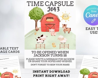 Signos y mensajes editables de la cápsula del tiempo de los animales de granja - Cápsula del tiempo de la granja - Cápsula del tiempo de los animales del corral imprimible - Recuerdo del libro de visitas