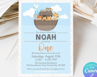 Personalized Noah's Ark Birthday Invitation - Ark Invitation - Ark 1st Birthday - Thank You Tag + Invitation Backside Included