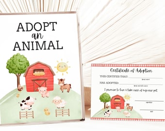 Adoptieren Sie eine Tieradoptionsurkunde, Adoptieren Sie ein Tier vom Bauernhof, Geburtstagsparty auf dem Bauernhof, Tiere auf dem Bauernhof, Barnyard - SOFORTIGER DOWNLOAD