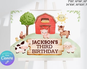 Letreros de cumpleaños de granja editables: 6 tamaños incluidos: pancarta de fondo de granja, letrero de cumpleaños de animales de granja, letrero de bienvenida de corral: descarga instantánea