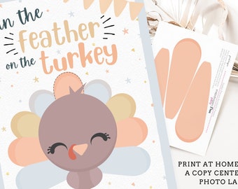 Pin the Feather on the Turkey Printable Party Game - 4 Poster Sizes - Fall Kids Thanksgiving Game - Pin the Tail Thanksgiving Activity