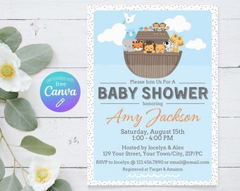 Noah's Ark Baby Shower Invitation - Personalized Printable Ark Invitation - Thank You Tags + Invitation Backside Included - Instant Download