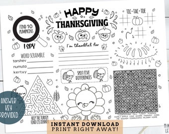 Instant Download - Thanksgiving Printable Activity - Fall Activity Sheet - Thanksgiving Kids Placemat - Thanksgiving Color Page - Fall Games