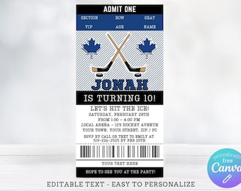 Editable Hockey Birthday Invitation - maple leaf Hockey Ticket Invitation - Blue & White Hockey Invitation + Thank You Tag- Instant Download