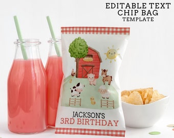 Editable Farm Animal Chip Bag Template - Barnyard Animals Chip Bag Printable - Farm Birthday Party Chip Bag - Barnyard Birthday Chip Bag