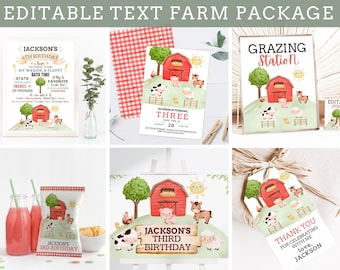 Printable Farm Party Package - Barnyard Party Invitation & Decorations - Editable Farm Invitation - Editable Signs, Tent Cards, Favor Tag