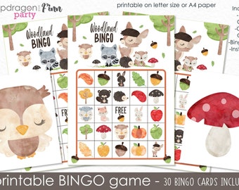 Woodland Fall Bingo Printable Party Game - 30 Bingo Cards - Woodland Birthday Game - Forest Animals Fall Activity - Instant Download