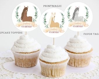 Editable Horse Cupcake Toppers, Horse Party Favor Tags, Pony Party Favor Tags, Horse Sticker Design, Horse Birthday Party - Instant Download