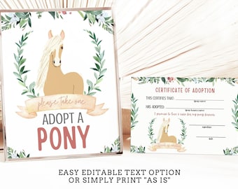 Adopt a Pony Adoption Certificate and Sign, Adopt a Horse, Horse Birthday Party, Pony Party Favor, Horse Party Favor  - INSTANT DOWNLOAD