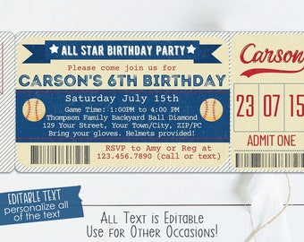 Vintage Baseball Birthday Invitation - Baseball Ticket Invitation - Baseball Invitation - Baseball Birthday Party - Thank You Tag Included