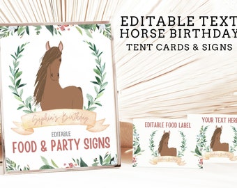 Editable Horse Birthday Food Labels & Signs - Horse Food Signs - Pony Party Tent Cards and Signs - Farm Birthday - Horse Party Tent Cards