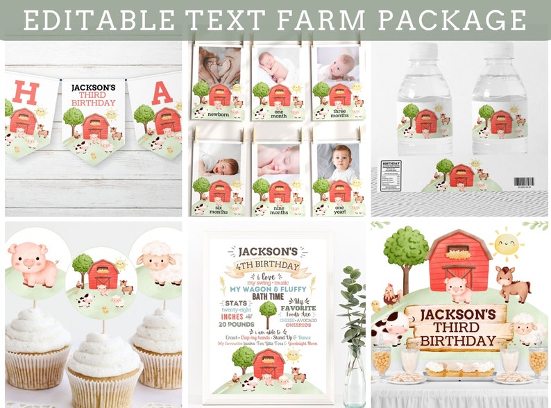 Printable Farm Party Package Barnyard Party Invitation & Decorations Editable Farm Invitation Editable Signs, Tent Cards, Favor Tag image 2