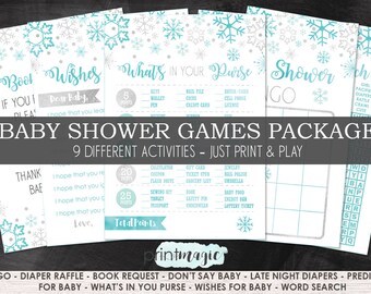 Winter Wonderland Baby Shower Games Kit - 9 Different Games - Winter Bingo, What's In Your Purse, Diaper Raffle, Late Night Diapers & More