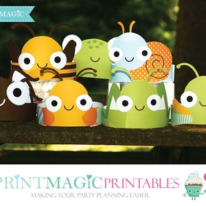 May include: Printable paper crowns featuring different bug designs, including a bee, a snail, a ladybug, a caterpillar, and an ant. The crowns are colorful and have big eyes. The text "PRINTMAGIC PRINTABLES" is at the bottom of the image.