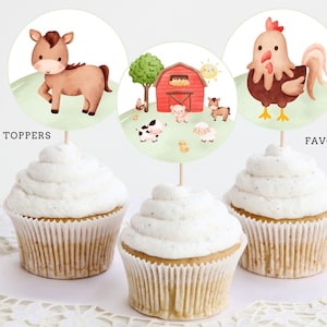 Farm Birthday Cupcake Toppers, Barnyard Favor Tags, Farm Birthday Party Decor, Farm Animals Barnyard Birthday, Instant Download printable