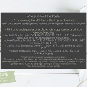 May include: A black and white printable poster with text that reads "Where to Print the Poster" and lists different printing options and prices for various sizes. The poster also includes a green and white "Printing Options" box with the text "print at home or upload to a photo lab & print".