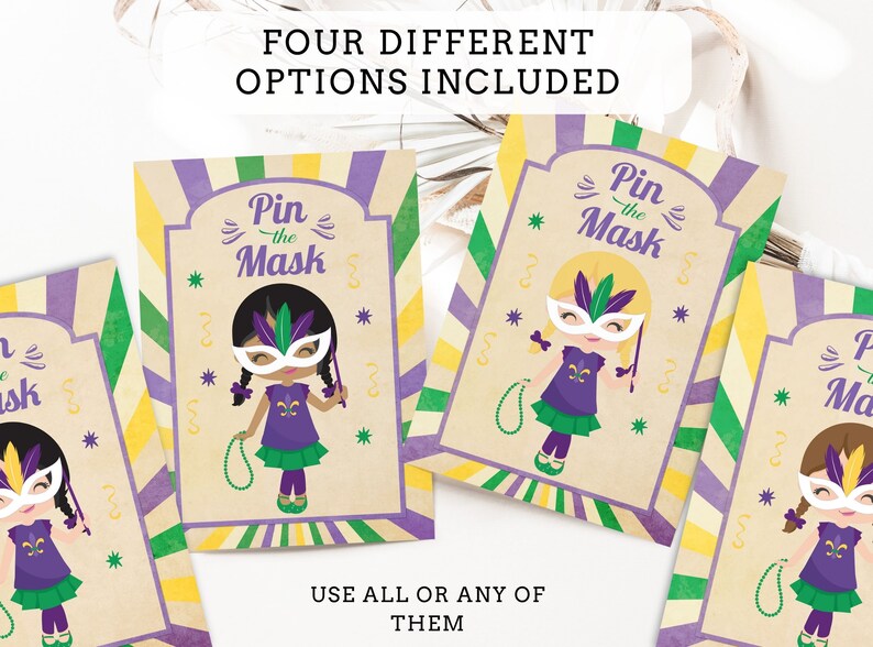 Pin the Mask Mardi Gras Printable Party Game 3 Sizes Included 4 Different Options Included Mardi Gras Game Mardi Gras Party image 3